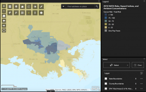 Cancer risk rates along the corridor between New Orleans and Baton Rouge, Louisiana, known as Cancer Alley. Via US EPA’s 2014 National Air Toxics Assessments (NATA) Map.